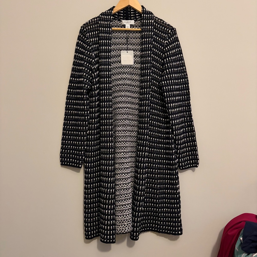 St. John Collection Black White Basketweave Longline Cardigan Duster L K61MQA0